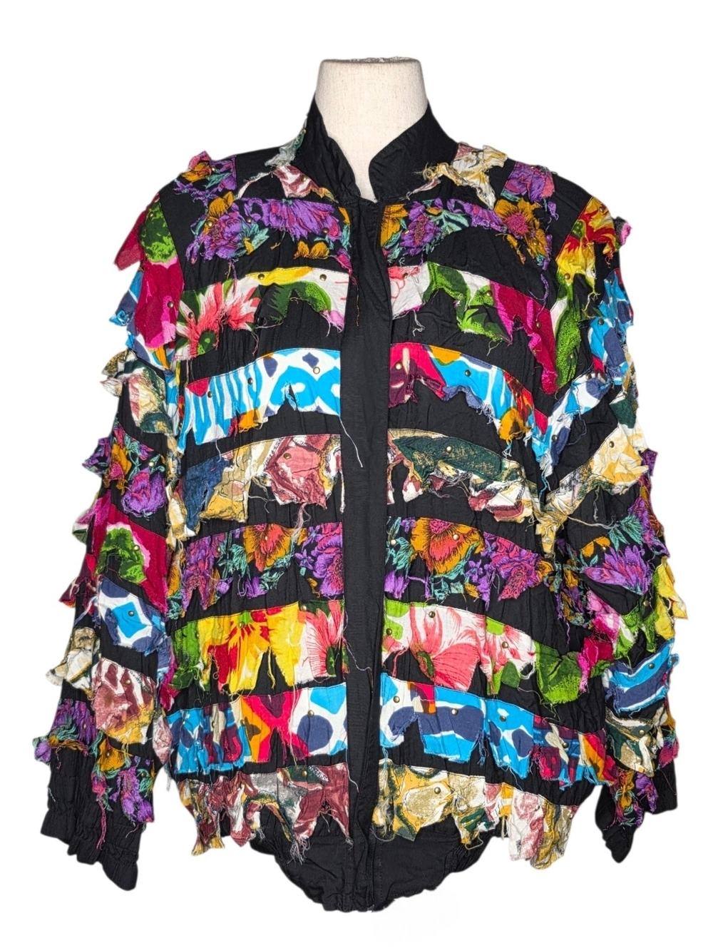 Vintage 90s Carina Patchwork Jacket XL Boho Frayed Floral Zip Art